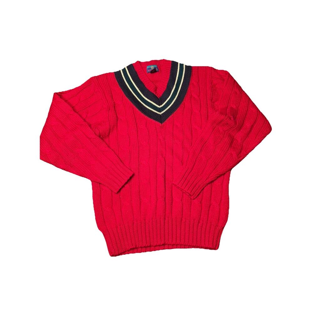 Vintage Sweater Mens Large Red Cable Knit Tennis V-Neck Pullover